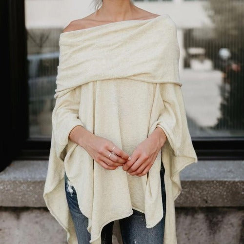 pull sweater poncho automne hiver beige ecru chaud coton polyester chic tendance fashion